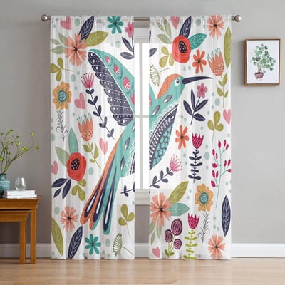 Vogels Bloemen Bladeren Vul Transparant Gordijn voor Woonkamer Hal Muur Aankleden Huis Raambenodigdheden Pop Print Tule Gordijnen 135W x 114H(cm) white