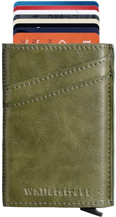 Walletstreet Uitschuifbare Pasjeshouder - Walletstreet Lederen Creditcardhouder Card Protector Anti-Skim/ RFID Card Protector 11 Pasjes – Groen/Green