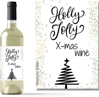 Wijnetiket Kerst - Holly Jolly X-Mas Wine | Kerstcadeau & Flessticker | Wijnlabel voor de Feestdagen