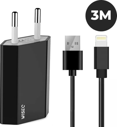 USB oplader met Lightning kabel 3 meter - geschikt voor Apple iPhone en iPad - USB adapter en USB naar Lightning oplaadkabel - zwart - WiseQ