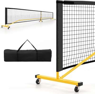 COSTWAY Draagbaar pickleball-net met wieltjes, 6,7 m picklebalsysteem in officiële afmetingen met metalen frame en draagtas, tennisnet, outdoor, weerbestendig, volleybalnet voor achtertuin, oprit