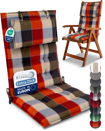 Beautissu Sun-HL - Premium Hoge Rugleuning Kussen met Hoofdkussen 120x50 cm – UV-bestendig & 8cm Dik Kussen Tuinstoelkussen Antislip Bevestigingsbanden – Stevige Stof Oranje Beige geblokt