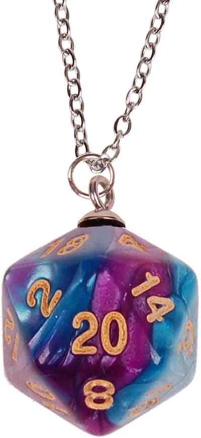Kinderketting Zilverkleurig 45cm - Hanger DnD D20 dobbelsteen paars/blauw 2,5cm