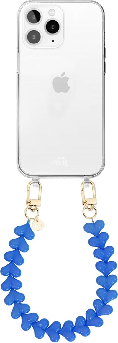 xoxo Wildhearts siliconen hoesje - Geschikt voor iPhone 13 Pro Max hoesje - Funky Hearts - Telefoonhoesje - Hoesje met koord - Denim Blauw koord - kort telefoonkoord - Hartjes ketting - Transparant hoesje