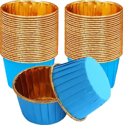 Muffinvormpjes 50 stuks – Blauw & Goud 40×50 mm – Papieren-Aluminium Bakvormpjes voor Cupcakes en Desserts