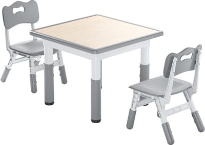 Kindertafel met 2 Stoelen Verstelbaar – Kinder Tafel en Stoel Set 60x60 cm – Kinderspeeltafel & Kinderbureau – Speelset voor Kinderen 2-10 Jaar – Grijs