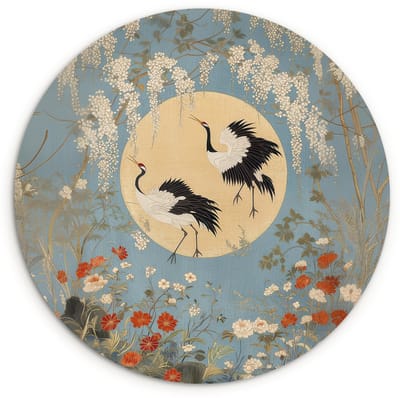 WallCircle® Wandcirkel 120x120 cm - Muurcirkel Kraanvogels - Maan - Bloemen - Blauw - Muurdecoratie woonkamer - Wanddecoratie slaapkamer - Kamer decoratie accessoires - Ronde schilderijen XXL