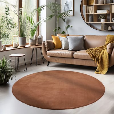 Sky Soft Uni Basic - Rond Vloerkleed - Laagpolig - Effen Kleur - Bruin - Woonkamer Tapijt - Anti-Slip Rug- 160 CM Ø