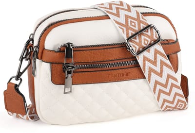 TANTOMI - Schoudertas Dames - Crossbody Tas met Zachte Brede Band - met Meerdere Ritsen - Klein handtas dames - Wit / Lichtbruin