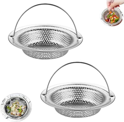 2 stuks - Afvalfilter voor de gootsteen - Trechter voor het wassen van groenten in de gootsteen - Afvoerfilter voor de gootsteen - Anti-verstoppingsfilter voor de gootsteen - 11 * 7 cm - Zilver - Met handvat - Geschikt voor de meeste keukengootstenen