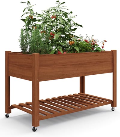Plantenbak - 122x61x76 cm - Verhoogde Moestuinbak op Wielen met Opbergrek - Houten Kweekbak voor Planten Groenten Bloemen Fruit - Tuin en Terras - Bruin
