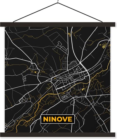 Posterhanger incl. Poster 60x60 cm - Schoolplaat - Goud - Kaart - Ninove - Stadskaart - Plattegrond - Textielposter - Zwarte latten - Stadskaart