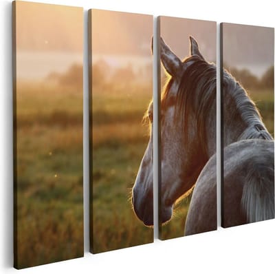 Artaza Canvas Schilderij Vierluik Paard In De Weide Tijdens Zonsondergang - 80x60 - Foto Op Canvas - Canvas Print