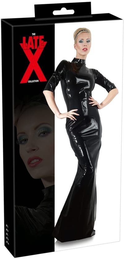 LateX – Latex Lange Jurk Getailleerd Model met Rits Sluiting Erotische Eye Candy Maat XL – Zwart