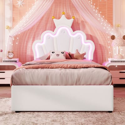VVBV Gestoffeerd Opbergbed 90x200 cm - LED-Verlichting, 2 Lades en Verstelbaar Hoofdbord - PU-leer Wit - Zonder Matras