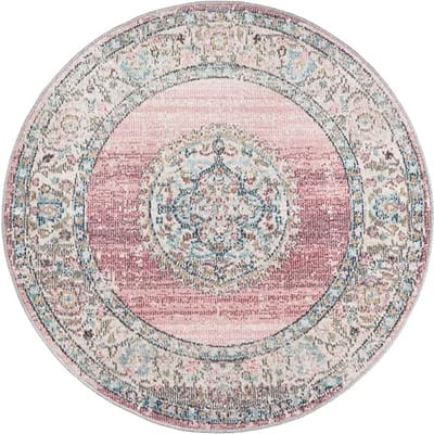 the carpet Palma – Rond Indoor & Outdoor Vloerkleed – Weerbestendig & Onderhoudsvriendelijk – Roze met Oosters Patroon – Ø 120 cm