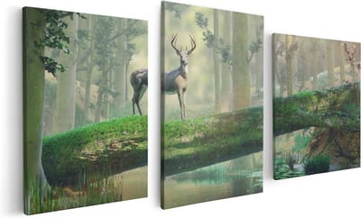 Artaza Canvas Schilderij Drieluik Hert In Het Bos Op Een Boom - 120x60 - Foto Op Canvas - Canvas Print