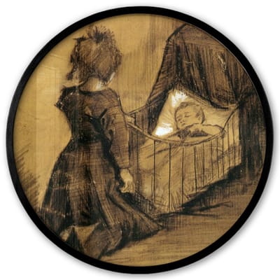 Poster in lijst Rond - Fotolijst 40x40 cm - Posters - Meisje geknield bij een wieg - Vincent van Gogh - Ronde posterlijst zwart - Decoratie - Wanddecoratie woonkamer - Muurdecoratie slaapkamer