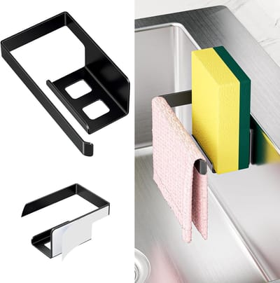 Sponge Holder Sink - Zelf-Adhesieve - Keukenopslag - Rvs - 2-in-1 Doekhouder - Zwart