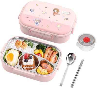 NAXSIR Food Grade 316 Roestvrijstalen Thermisch Geïsoleerde Lunchbox | 5-Vakken Design | Met Inbegrepen Lepel & Eetstokjes | Antislip Basis | Luchtdichte Siliconen Afdichtingen | Portabel & Gemakkelijk