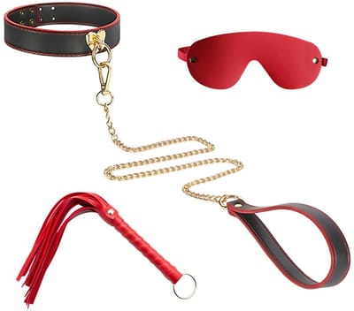 Dailygoods- Metgezel Pak Luxe - Rode/Zwarte Kraag - Zweep 30cm - Oogmasker Leer - Duurzaam - Geschikt voor Rollenspellen - Bondage Set