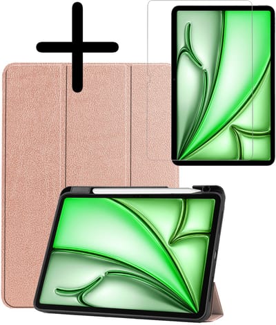 Hoesje Geschikt voor Apple iPad Air M3/M4 (2025/2026) - 11 inch - Met Screenprotector - Trifold Bookcase - Hard Cover Case - Met Uitsparing Geschikt voor Apple Pencil - Hardcover Book - Tablet Hoes - Rosé goud