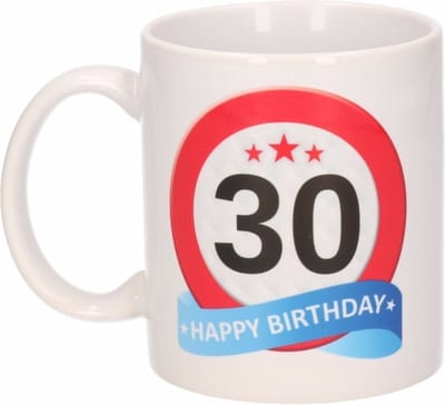 Beallatio Decorations - 30 jaar Verjaardag koffiemok - cadeau beker - stopbord print met happy birthday - 300 ml - keramiek - wit