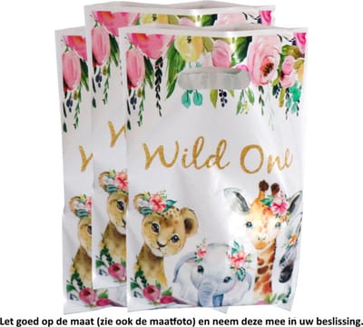 10x Uitdeelzakjes Wild One 16.5 x 25 cm - Giraf - Leeuw - Olifant - Zebra - Jungle - Savanne - dieren - Cellofaan Plastic Traktatie Kado Zakjes - Snoepzakjes - Koekzakjes - Koekje - Cookie Bags
