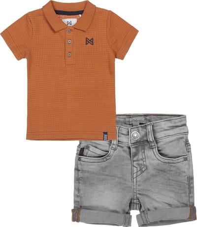 Koko Noko - Kledingset(2delig) - short grey jeans - shirt polo bruin - Maat 104