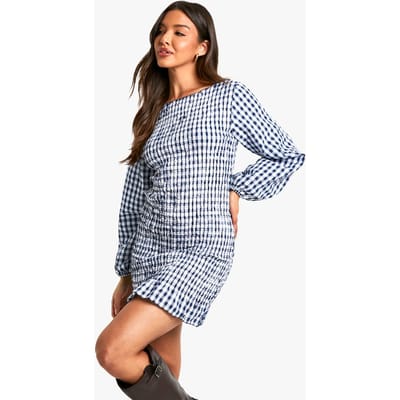 boohoo Dames Gingham geplooide lange mouw mini jurk | Marineblauw | Maat: 36