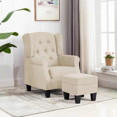 vidaXL - Fauteuil - met - voetenbankje - stof - crèmekleurig