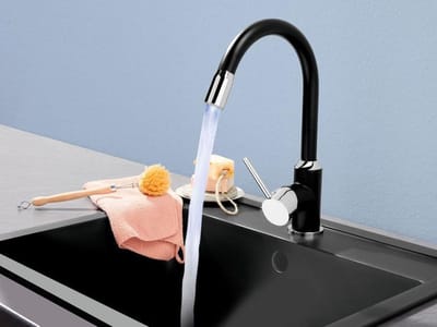 LED-keukenmengkraan (Zwart/chroom)  Keuken Meng Kraan - Massief roestvrij staal - Mengkraan - Verchroomd - Eengreepsbediening met open greep - Draaibare gegoten uitloop - Duurzame keramische schijven - Kwalitatief Massief RVS