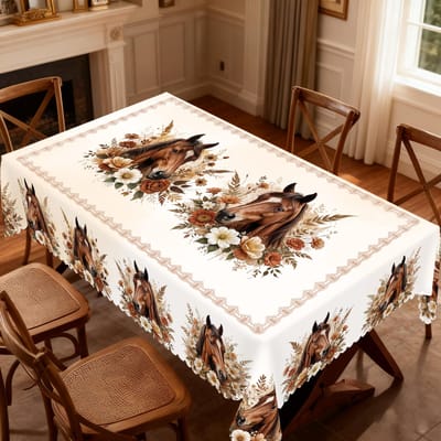 Kerst Vintage Boerderij Tafelkleed met Kerstman, rendieren & Kerstboom prints. Rechthoekige & ronde maten voor Kerst/Nieuwjaarsfeesten, keuken, binnen & 140x180cm brown