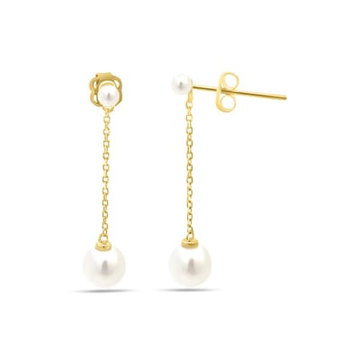 New Bling 9NBSAM-G230289 Gouden Oorhangers met Parels - 5+2,3mm - 24mm Totaal Lengte - 14 Karaat - Goud