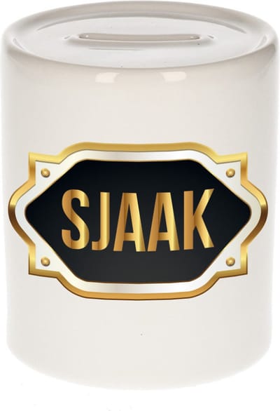Spaarpot met voornaam Sjaak - wit - met goud/zwart embleem - 8 x 9 cm - keramiek - met afsluitdop - cadeau verjaardag