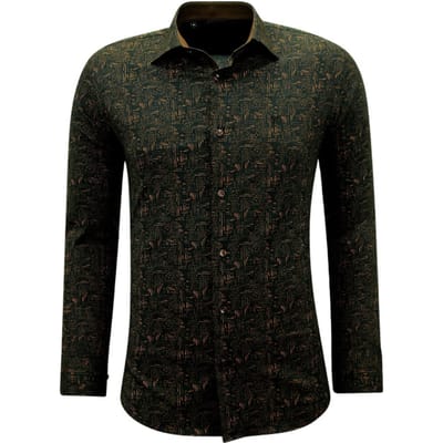 Heren Overhemden Lange Mouw - Blouse Heren Slim Fit - Print Overhemd - 3145 - Bruin