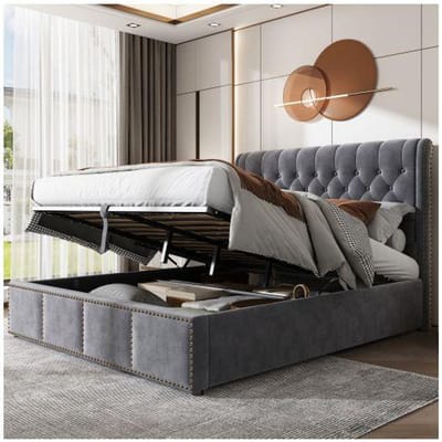 Gestoffeerd bed - MUVOE - Met klinknagels versierd - 140 x 190 cm - Grijs fluweel - Hydraulische opbergruimte grijs