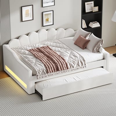 Komhtom Gestoffeerd rustbed 140 x 200 cm met ledstrip en uitschuifbaar bed, beige