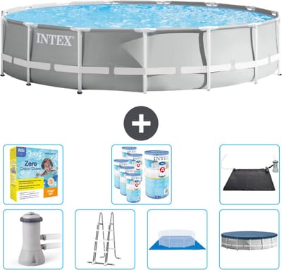 Intex Rond Prism Frame Zwembad - 457 x 107 cm - Grijs - Inclusief Pomp - Ladder - Grondzeil - Afdekzeil Onderhoudspakket - Filters - Solar Mat