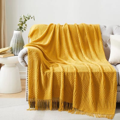 Warm Gebreide Plaid Mosterdgeel Bank | Zacht & Sfeervol Decoratief Sierkleed 127x152 cm