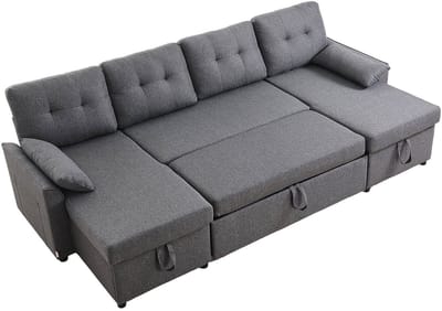 U-vormige Hoekbank - Uitschuifbare Slaapbank - Dubbele Chaise Longue - 6-zits - Met Opbergruimte - 2 Kussens - 2 Zijzakken