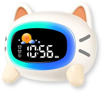 Slaaptrainer Kind – Wekker Kinderen met Nachtlampje & Geluiden – Digitale Slaapwekker Peuter – Kat Design – Oplaadbaar via USB-C
