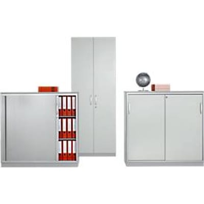 Schäfer Shop  Genius Roldeurkast TETRIS SOLID, 3 ordnerhoogten, B 1200 x D 413 x H 1170 mm, met legborden en afdekplaat, lichtgrijs/blank aluminium