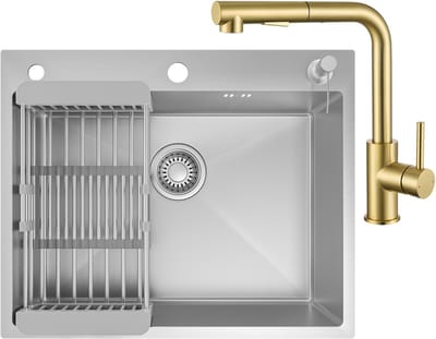 CECIPA max Spoelbak voor keuken 60x49CM - Spoelbakken Met Goud Keukenkraan met Uittrekbare Uitloop en Kraangat - Spoelbak Met Zeepdispenser - Verstelbaar Afdruiprek - Incl. Sifon en Waterafvoersysteem - RVS