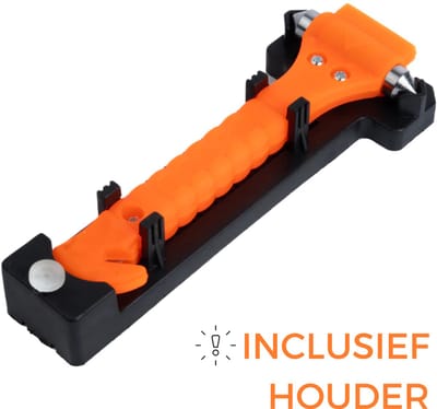 Noodhamer met Houder – Veiligheidshamer met Gordelsnijder – Oranje – Inclusief Monteerbare Kunststof Houder - Glas Breker Hamer Auto & Bus