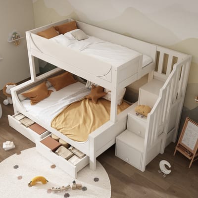 DESMIU Stapelbed 90x200/140x200 cm – Trapkast En Laden – Uitvalbeveiliging En Lattenbodem – Voor Kinderen En Gezin – Hout En Metaal – Wit – Zonder matras