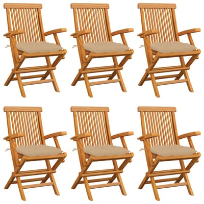 vidaXL - Klapstoelen - met - beige - kussens, - 6 - stuks, - massief - teakhout