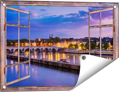 Gards Tuinposter Doorkijk Maastricht Maas Rivier bij de Sint Servaasbrug - 60x40 cm - Tuindoek - Tuindecoratie - Wanddecoratie buiten - Tuinschilderij