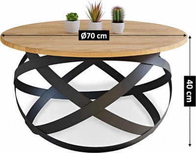 Salontafel Firenze - Handgemaakt Van Massief Natuurlijk Eikenhout Met Modern Minimalistisch Industrieel Design (Rond - Ø70x40 Cm)