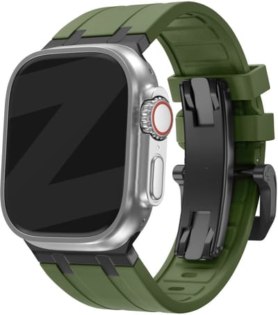 Bandz Siliconen band 'Luxe Liquid' - Hoogwaardig siliconen bandje geschikt voor Apple Watch Series 1/2/3/4/5/6/7/8/9/10/11/SE/SE2/SE3/Ultra (2) - grote maten - 44mm / 45mm / 46mm / 49mm - groen met zwarte connectors